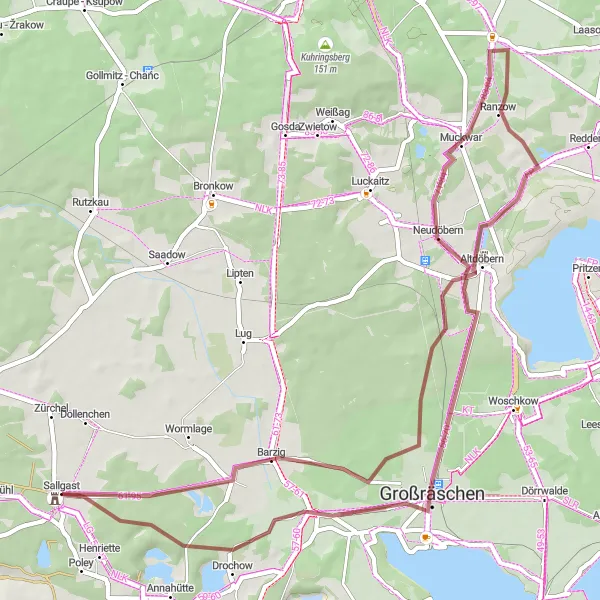 Map miniature of "Altdöbern - Ogrosen Gravel Loop" cycling inspiration in Brandenburg, Germany. Generated by Tarmacs.app cycling route planner