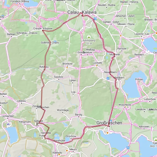 Map miniature of "Gravel adventure around Sallgast" cycling inspiration in Brandenburg, Germany. Generated by Tarmacs.app cycling route planner