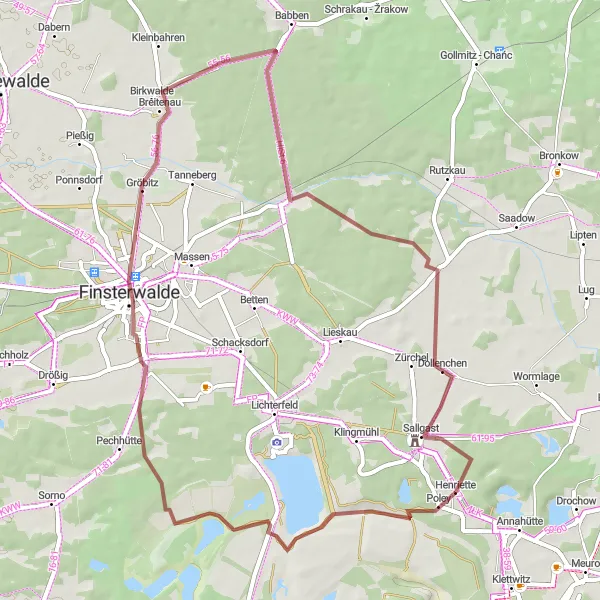 Map miniature of "Poley - Finsterwalde - Sallgast Gravel Loop" cycling inspiration in Brandenburg, Germany. Generated by Tarmacs.app cycling route planner