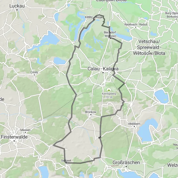 Karten-Miniaturansicht der Radinspiration "Radtour von Schloss Sallgast nach Lug" in Brandenburg, Germany. Erstellt vom Tarmacs.app-Routenplaner für Radtouren