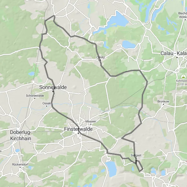 Karten-Miniaturansicht der Radinspiration "Rundtour zu Crinitz und Sonnewalde" in Brandenburg, Germany. Erstellt vom Tarmacs.app-Routenplaner für Radtouren
