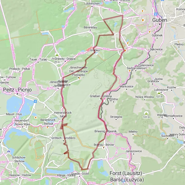 Map miniature of "Neisse Gravel Adventure" cycling inspiration in Brandenburg, Germany. Generated by Tarmacs.app cycling route planner