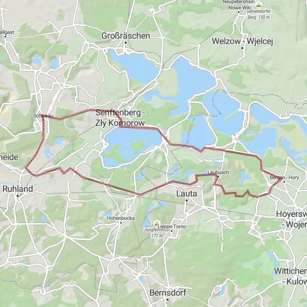 Map miniature of "Senftenberg Gravel Adventure" cycling inspiration in Brandenburg, Germany. Generated by Tarmacs.app cycling route planner