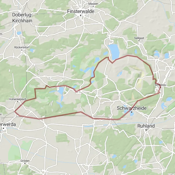Map miniature of "Lauchhammer-West - Karl-Marx-Siedlung Gravel Round-Trip" cycling inspiration in Brandenburg, Germany. Generated by Tarmacs.app cycling route planner