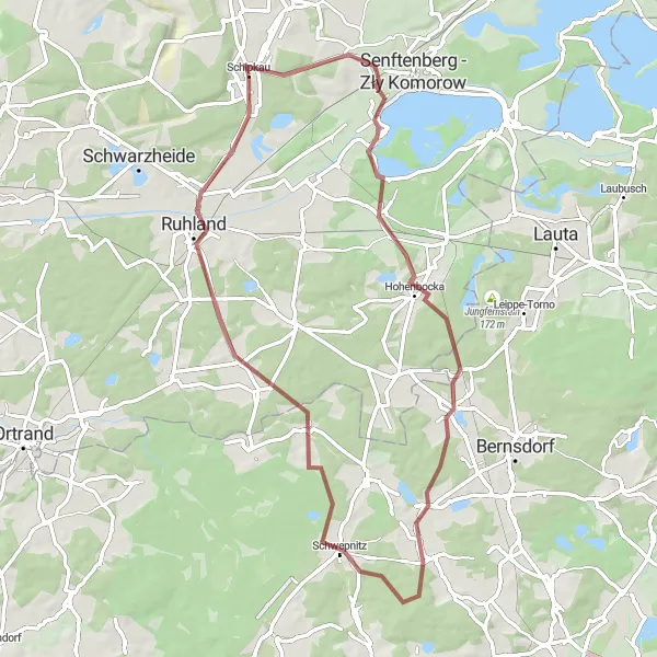 Map miniature of "Schipkau - Ruhland Gravel Round-Trip" cycling inspiration in Brandenburg, Germany. Generated by Tarmacs.app cycling route planner