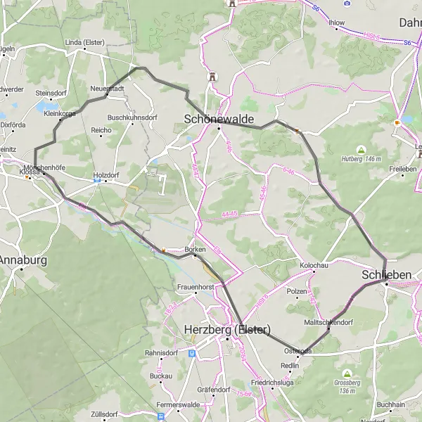 Map miniature of "Schlieben to Berga Road Route" cycling inspiration in Brandenburg, Germany. Generated by Tarmacs.app cycling route planner