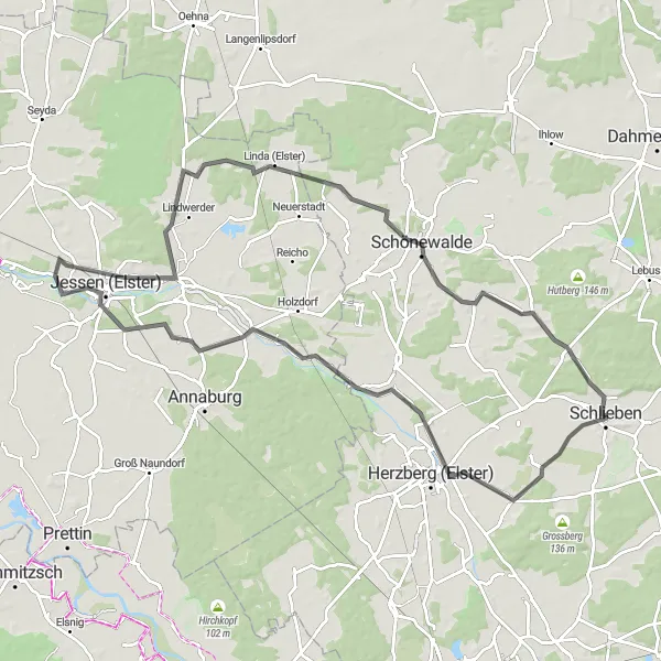 Map miniature of "The Elster Valley Loop" cycling inspiration in Brandenburg, Germany. Generated by Tarmacs.app cycling route planner