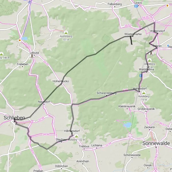 Map miniature of "Märkische Road Adventure" cycling inspiration in Brandenburg, Germany. Generated by Tarmacs.app cycling route planner