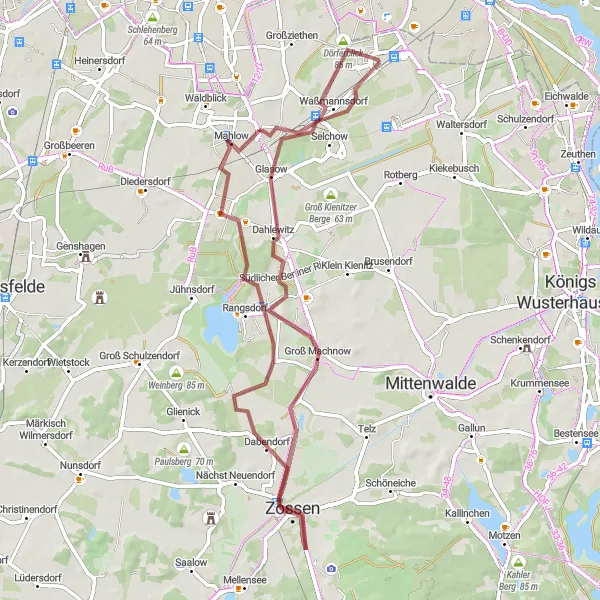 Map miniature of "Explore the Rural Charms: Mahlow and Zossen" cycling inspiration in Brandenburg, Germany. Generated by Tarmacs.app cycling route planner