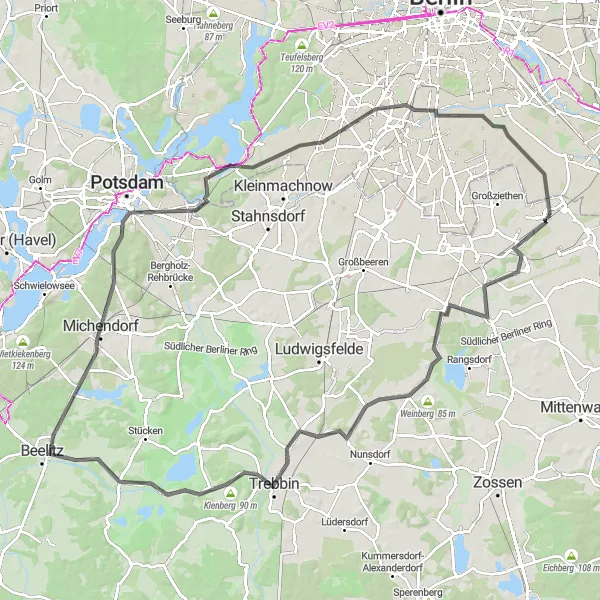 Map miniature of "Scenic countryside ride around Schönefeld" cycling inspiration in Brandenburg, Germany. Generated by Tarmacs.app cycling route planner