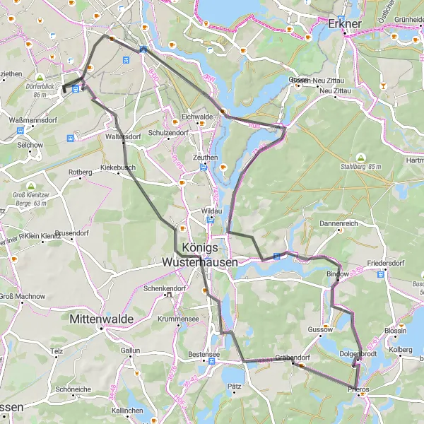 Map miniature of "Hills and History: Schmöckwitz and Königs Wusterhausen" cycling inspiration in Brandenburg, Germany. Generated by Tarmacs.app cycling route planner