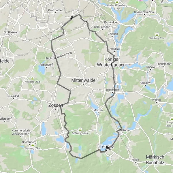 Map miniature of "Road Cycling Extravaganza: Around Schönefeld" cycling inspiration in Brandenburg, Germany. Generated by Tarmacs.app cycling route planner