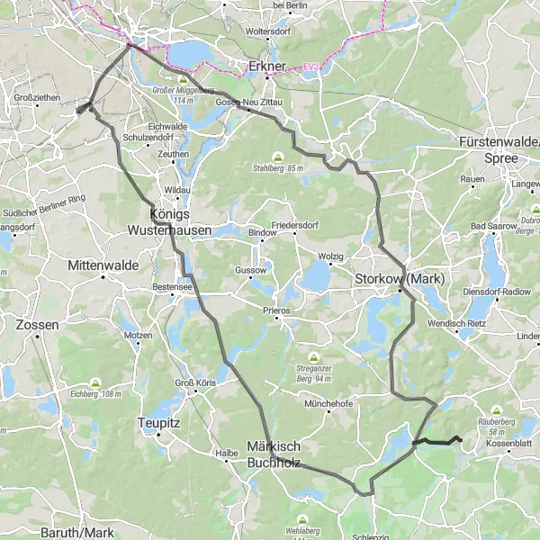 Map miniature of "The Great Schönefeld Loop: Ultimate Road Adventure" cycling inspiration in Brandenburg, Germany. Generated by Tarmacs.app cycling route planner