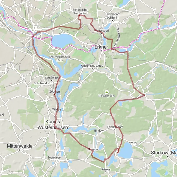 Karten-Miniaturansicht der Radinspiration "Große Graveltour von Fangschleuse nach Kräuterhügel" in Brandenburg, Germany. Erstellt vom Tarmacs.app-Routenplaner für Radtouren