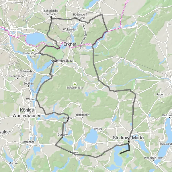 Map miniature of "The Lakes and Forests Loop" cycling inspiration in Brandenburg, Germany. Generated by Tarmacs.app cycling route planner