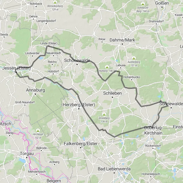 Map miniature of "Jessen Challenge" cycling inspiration in Brandenburg, Germany. Generated by Tarmacs.app cycling route planner