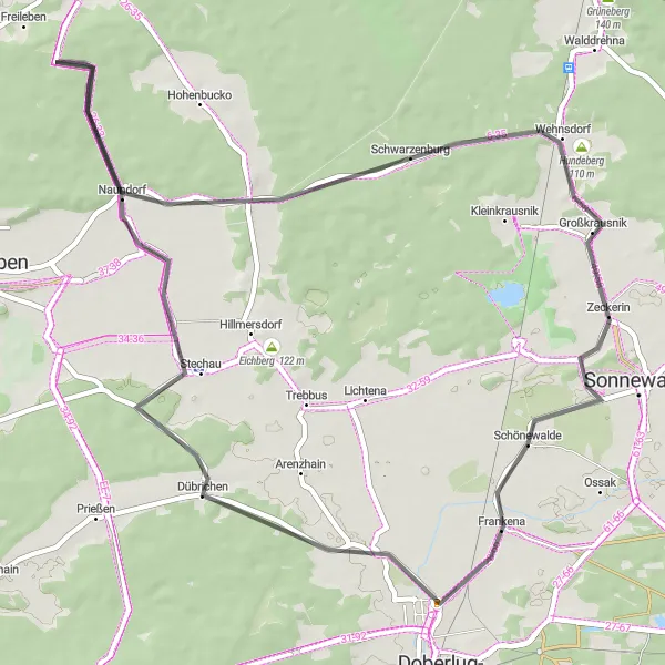 Map miniature of "Dübrichen Road Adventure" cycling inspiration in Brandenburg, Germany. Generated by Tarmacs.app cycling route planner