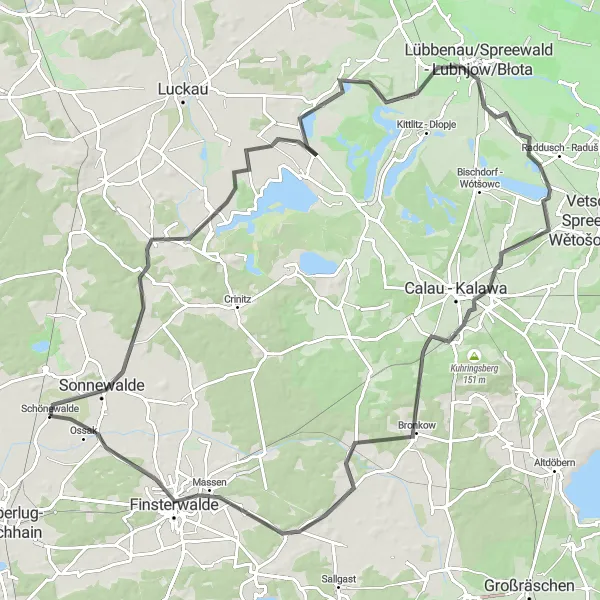 Map miniature of "Sonnewalde Epic Journey" cycling inspiration in Brandenburg, Germany. Generated by Tarmacs.app cycling route planner