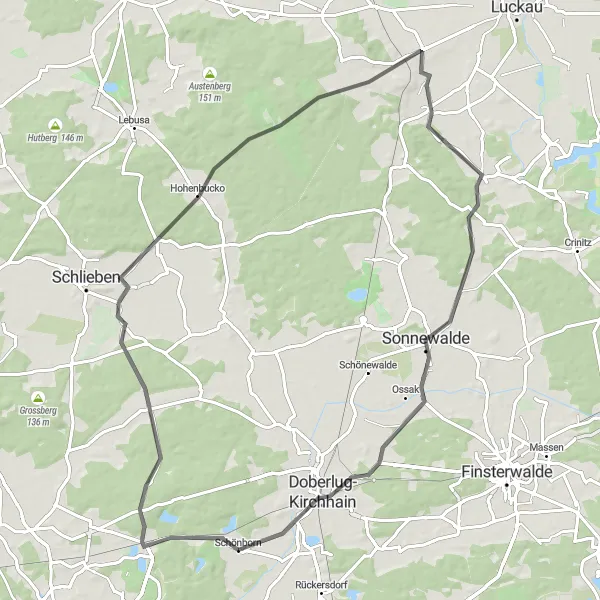 Karten-Miniaturansicht der Radinspiration "Schönborn - Doberlug-Kirchhain Radrundweg" in Brandenburg, Germany. Erstellt vom Tarmacs.app-Routenplaner für Radtouren