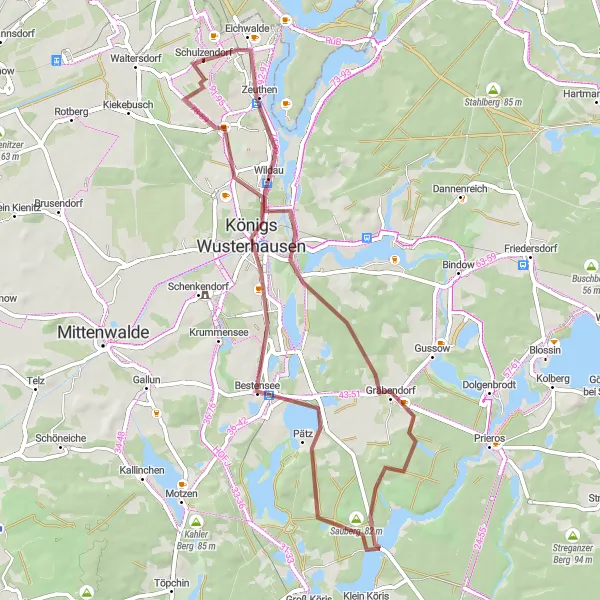 Map miniature of "Zeuthen to Königs Wusterhausen Gravel Route" cycling inspiration in Brandenburg, Germany. Generated by Tarmacs.app cycling route planner