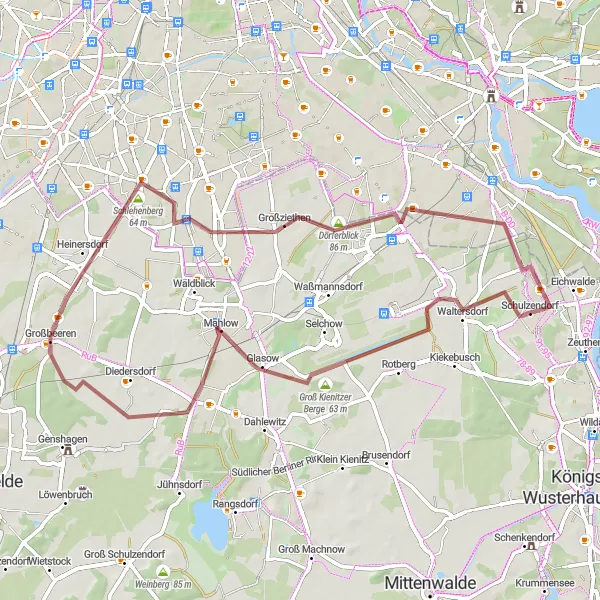 Map miniature of "Waltersdorf to Heideberg Gravel Route" cycling inspiration in Brandenburg, Germany. Generated by Tarmacs.app cycling route planner