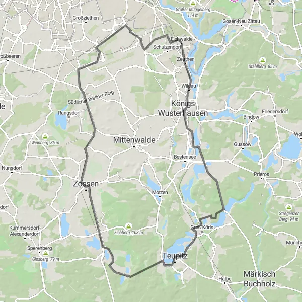 Map miniature of "Königs Wusterhausen to Schönefeld Road Route" cycling inspiration in Brandenburg, Germany. Generated by Tarmacs.app cycling route planner