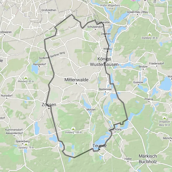 Karten-Miniaturansicht der Radinspiration "Scenic Roadtrip ab Schulzendorf über Königs Wusterhausen und Zossen" in Brandenburg, Germany. Erstellt vom Tarmacs.app-Routenplaner für Radtouren