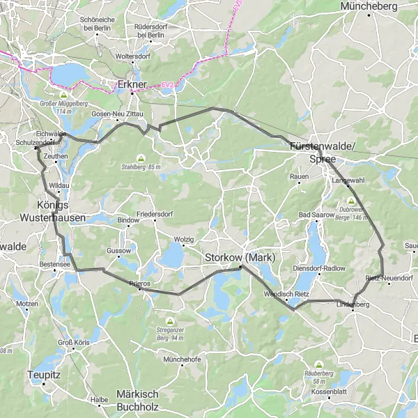 Map miniature of "Discover the Surroundings: From Eichwalde to Weinberg" cycling inspiration in Brandenburg, Germany. Generated by Tarmacs.app cycling route planner