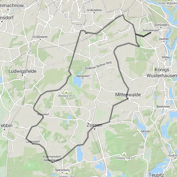 Map miniature of "Scenic Tour: From Brusendorf to Waltersdorf" cycling inspiration in Brandenburg, Germany. Generated by Tarmacs.app cycling route planner