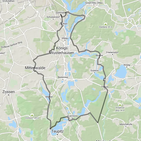 Karten-Miniaturansicht der Radinspiration "Rund um Schulzendorf - Straßenroute" in Brandenburg, Germany. Erstellt vom Tarmacs.app-Routenplaner für Radtouren