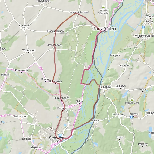 Map miniature of "Vierraden and Gartz (Oder) Gravel Ride" cycling inspiration in Brandenburg, Germany. Generated by Tarmacs.app cycling route planner