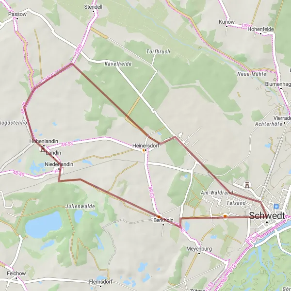 Map miniature of "Berkholz-Meyenburg Gravel Adventure" cycling inspiration in Brandenburg, Germany. Generated by Tarmacs.app cycling route planner