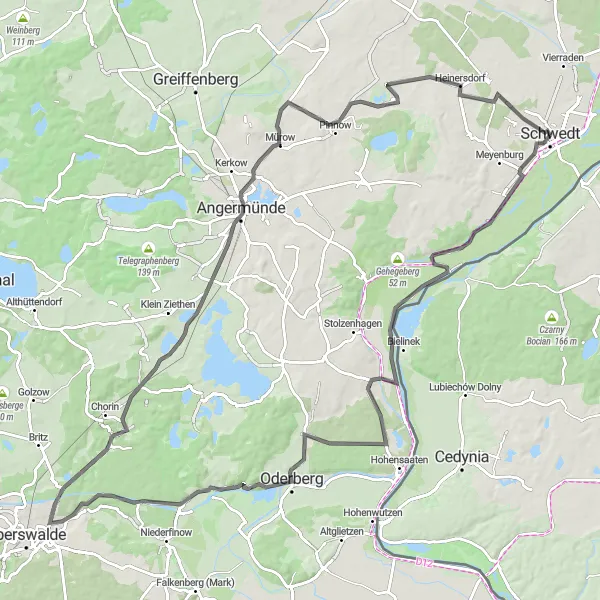 Karten-Miniaturansicht der Radinspiration "Tour de Oder - Schwedt Rundfahrt" in Brandenburg, Germany. Erstellt vom Tarmacs.app-Routenplaner für Radtouren