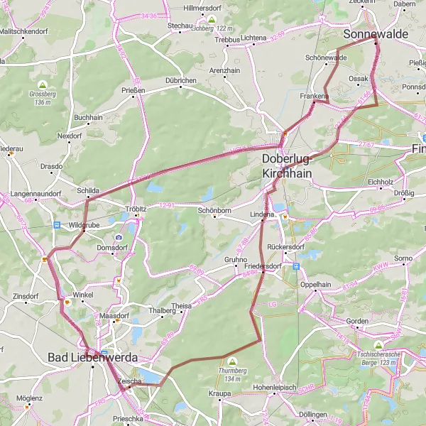 Map miniature of "The Zeischa Gravel Adventure" cycling inspiration in Brandenburg, Germany. Generated by Tarmacs.app cycling route planner