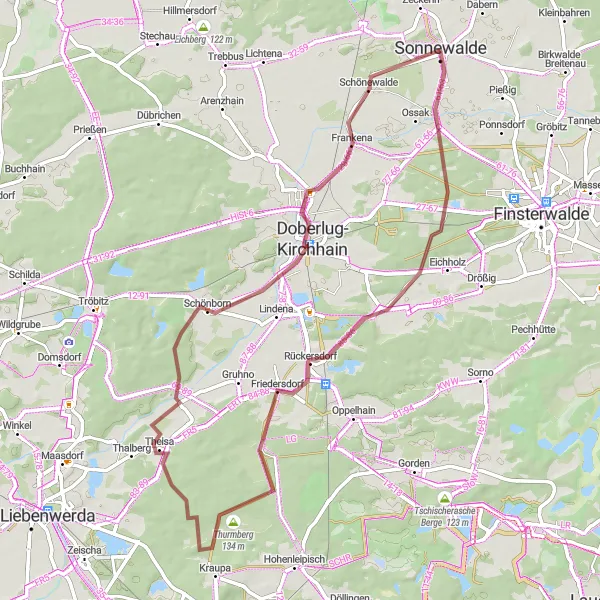 Karten-Miniaturansicht der Radinspiration "Rundfahrt um Sonnewalde und Umgebung" in Brandenburg, Germany. Erstellt vom Tarmacs.app-Routenplaner für Radtouren