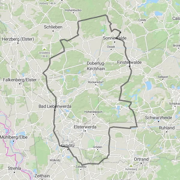 Map miniature of "Road Cycling Adventure through Finsterwalde and Bad Liebenwerda" cycling inspiration in Brandenburg, Germany. Generated by Tarmacs.app cycling route planner