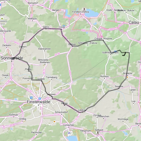 Map miniature of "Sonnewalde - Goßmar Round Trip" cycling inspiration in Brandenburg, Germany. Generated by Tarmacs.app cycling route planner