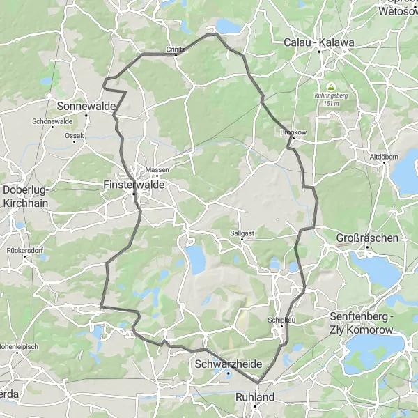 Map miniature of "The Finsterwalde Circuit" cycling inspiration in Brandenburg, Germany. Generated by Tarmacs.app cycling route planner