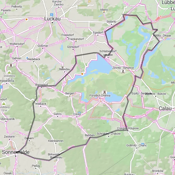 Map miniature of "The Buchow Adventure" cycling inspiration in Brandenburg, Germany. Generated by Tarmacs.app cycling route planner
