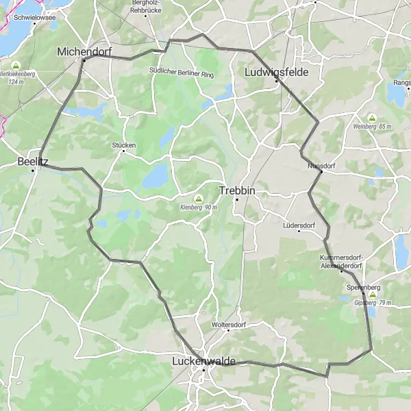 Map miniature of "Sperenberg Road Adventure" cycling inspiration in Brandenburg, Germany. Generated by Tarmacs.app cycling route planner