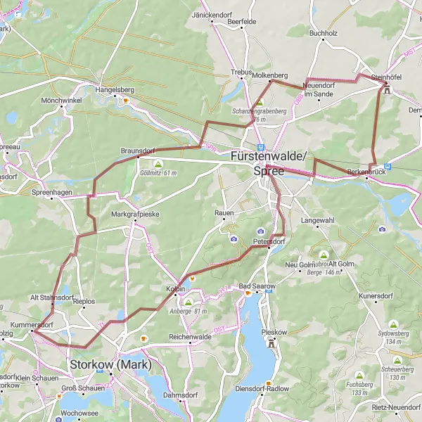 Karten-Miniaturansicht der Radinspiration "Fürstenwalde/Spree Gravel Tour" in Brandenburg, Germany. Erstellt vom Tarmacs.app-Routenplaner für Radtouren