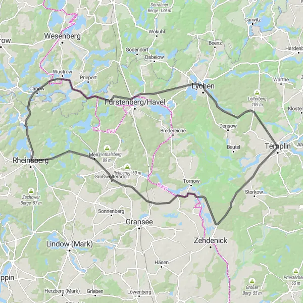 Karten-Miniaturansicht der Radinspiration "Rheinsberg Rundtour" in Brandenburg, Germany. Erstellt vom Tarmacs.app-Routenplaner für Radtouren