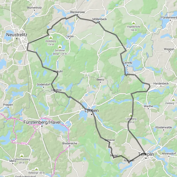 Karten-Miniaturansicht der Radinspiration "Densow Radelrunde" in Brandenburg, Germany. Erstellt vom Tarmacs.app-Routenplaner für Radtouren
