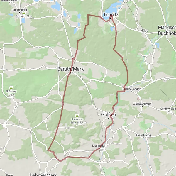 Map miniature of "Teupitz to Golßen Gravel Escape" cycling inspiration in Brandenburg, Germany. Generated by Tarmacs.app cycling route planner