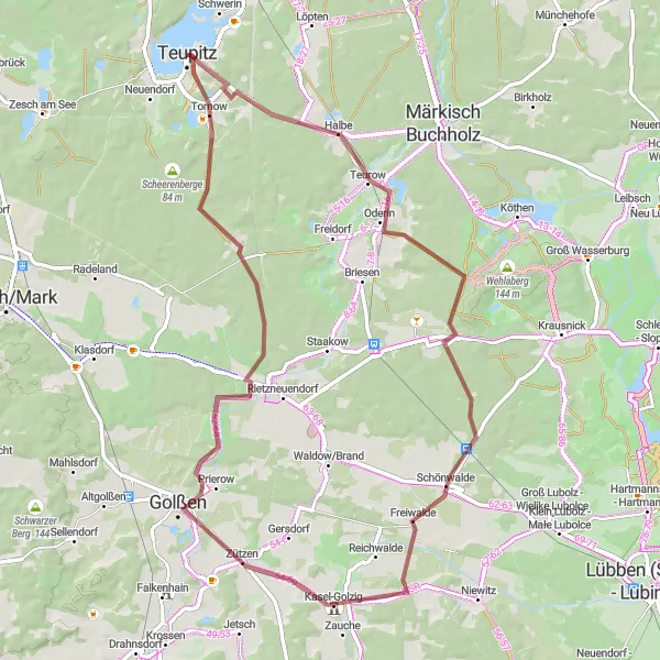 Map miniature of "Golßen Gravel Adventure" cycling inspiration in Brandenburg, Germany. Generated by Tarmacs.app cycling route planner
