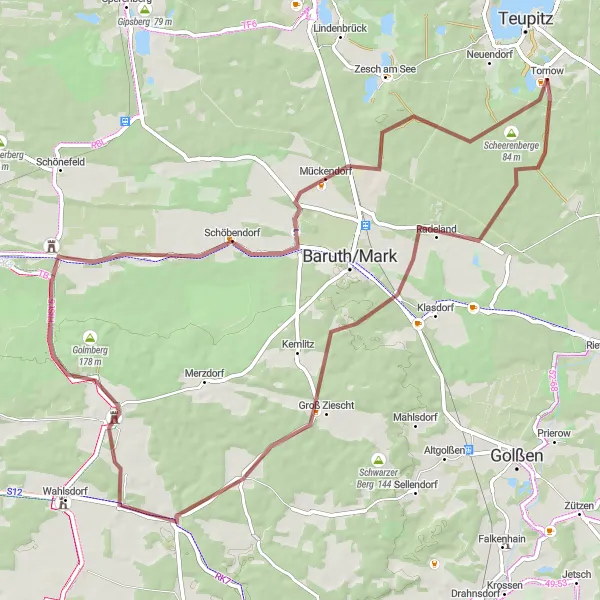 Map miniature of "Teupitz Gravel Paradise" cycling inspiration in Brandenburg, Germany. Generated by Tarmacs.app cycling route planner