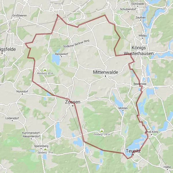 Map miniature of "Teupitz to Wünsdorf" cycling inspiration in Brandenburg, Germany. Generated by Tarmacs.app cycling route planner