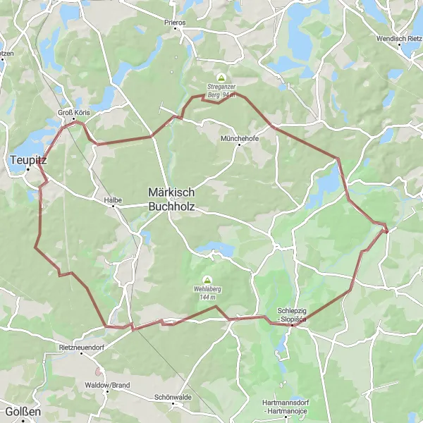 Map miniature of "Teupitz to Groß Eichholz Gravel Adventure" cycling inspiration in Brandenburg, Germany. Generated by Tarmacs.app cycling route planner