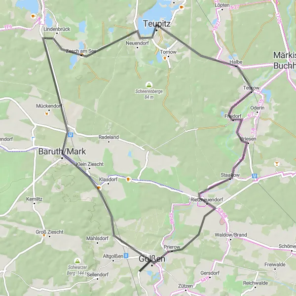 Map miniature of "Teupitz – Golßen – Baruth/Mark Round-Trip" cycling inspiration in Brandenburg, Germany. Generated by Tarmacs.app cycling route planner