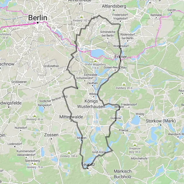 Map miniature of "Scenic Lake Ride" cycling inspiration in Brandenburg, Germany. Generated by Tarmacs.app cycling route planner